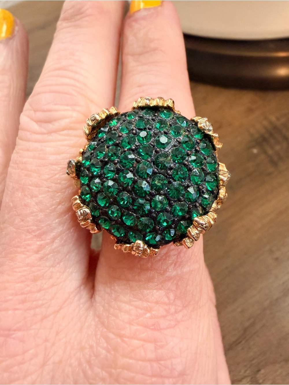 Vintage Green Pavé Round Cocktail Ring Adjustable Gold Tone